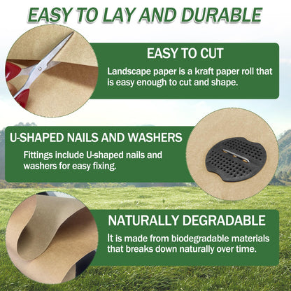 120 x 4 Ft Biodegradable Paper Weed Barrier, Garden Paper Weed Barrier with U-Shaped Ground Nails, Biodegradable Landscape Fabric, Weedguard Plus Paper Mulch for Weed Control & Holds Soil Moisture