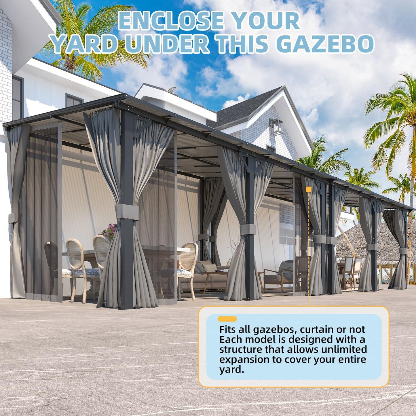 AECOJOY 20' X 12' Gazebo for Patio, Large Wall-Mounted Lean to Pergola Gazebo with Curtains and Netting, 12x20 Hard Top Pergolas and Gazebos on Clearance for Lawn Backyard Garden Deck