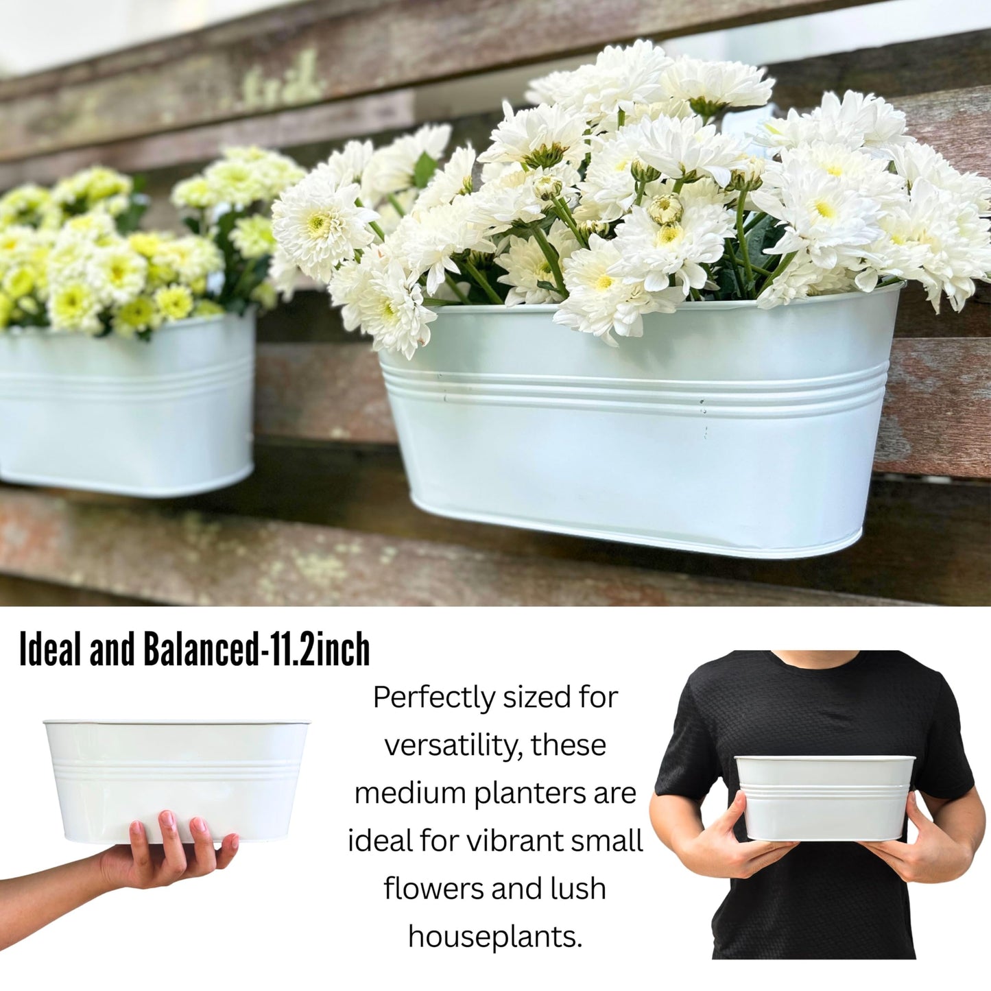 LaLaGreen Rail Planters for Outdoor (2 Pack, 11.2 Inch) White Metal Iron Hanging Flower Pots, Strawberry Planter Deck Railing Fence Bucket Wall Mount Window Box Plant Holder with Hooks Porch Decor