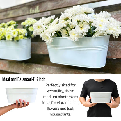 LaLaGreen Rail Planters for Outdoor (2 Pack, 11.2 Inch) White Metal Iron Hanging Flower Pots, Strawberry Planter Deck Railing Fence Bucket Wall Mount Window Box Plant Holder with Hooks Porch Decor