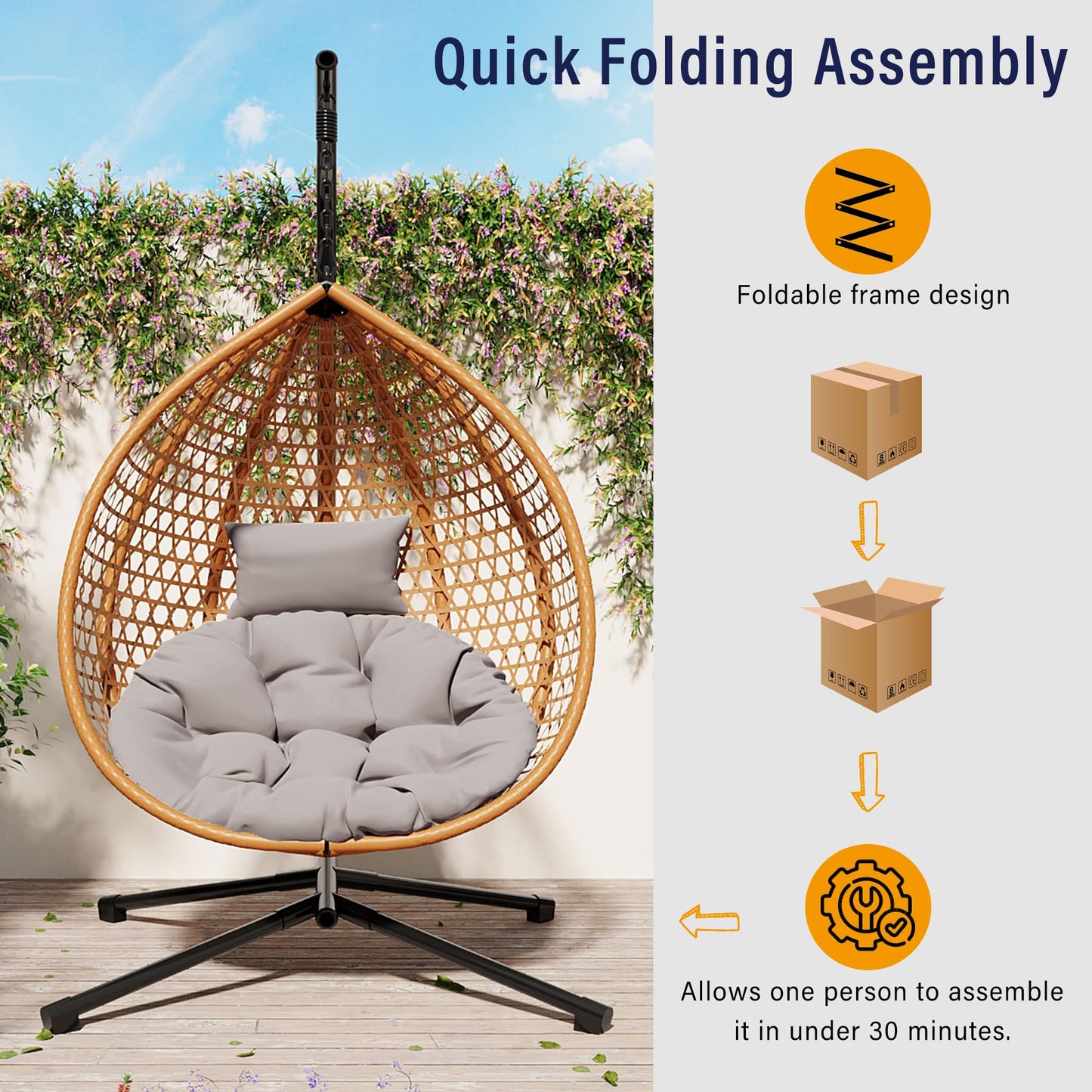 GDFStudio Hammock Chair with Stand, Rattan Weave Hanging Egg Chair with Cushion, Iron Frame Swing Ceiling Chair for Indoor Outdoor Patio Balcony Porch Garden, Patio Furniture, 330lbs, Brown+Gray