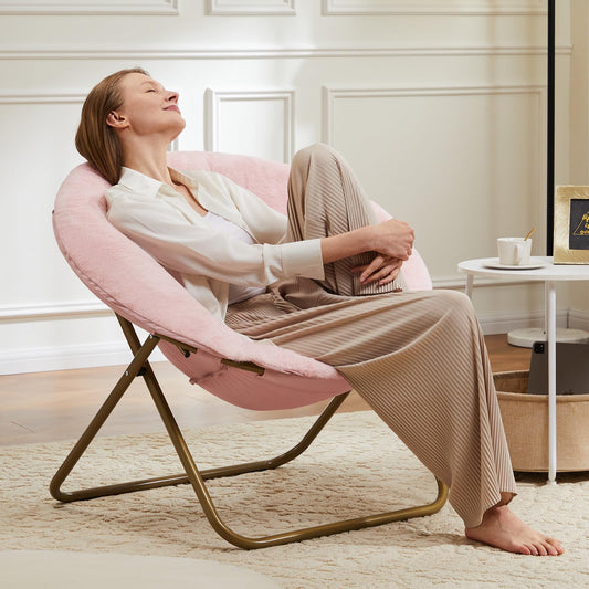 DUMOS Comfy Saucer Chair, Faux Fur Lounge Seasting XL Circle Chair for Bedroom, Dorm & Gaming, Foldable Fashion Accent Seat for Small Spaces, Folding Moon/Mushroom/Round Oversized Style