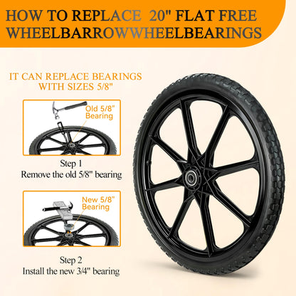 20” Flat Free Wheelbarrow Wheels and Tires, with 2.45” Centered Hub, 5/8” Extra 3/4”Bearing, Compatible with Rubbermaid Wheelbarrow wheels, Garden Carts (2 pcs) (black)
