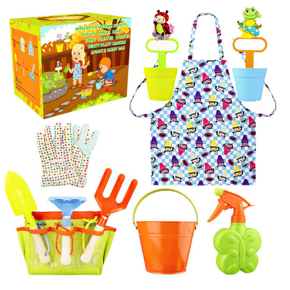 Kids Gardening Tools Kit Children Garden Toy Includes Tote Bag, Spade, Watering Bucket, Spray Bottle, Flower Pot, Apron, Rake, Plant Marker, Fork, Rake and Gloves