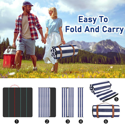 Timirock Striped Picnic Blankets 80” x 80” Extra Large Waterproof and Foldable Beach Blanket, Oversized Blue and White Outdoor Blanket for Camping, Travel, Park, Grass, Patio (Blue & White, 80" x 80")