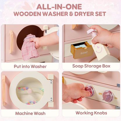 ROBOTIME Kids Washer and Dryer Playset – Wooden Laundry Pretend Play Set with Ironing, Color Beads Drum, Toy Washing Machine & Dryer Set for Toddlers Ages 3+, Gift for Boys and Girls