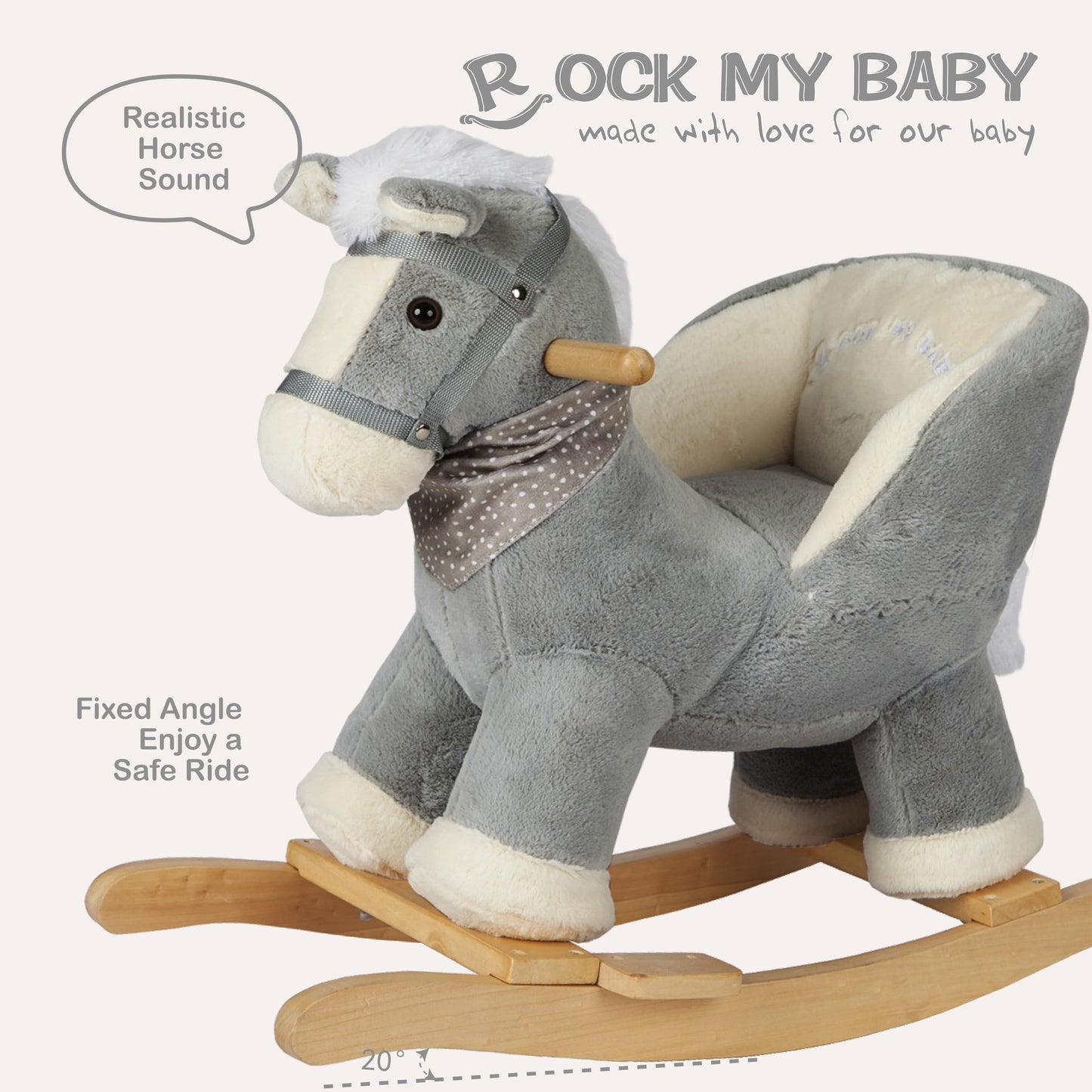 Rock My Baby Rocking Gray Horse with Chair, Plush Stuffed Rocking Pony with Realistic Sound, Baby Rocker Animal for Toddlers 1-3 Ride on,CPC Certified