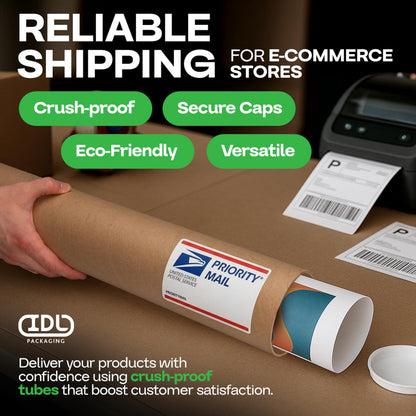 Cardboard Mailing Tubes, 4" x 24" with Plastic Caps, Pack of 2 - USA-Made USPS Approved Poster Tube for Documents & Blueprints - Reinforced Mailing Cylinders for Shipping & Storage by IDL Packaging