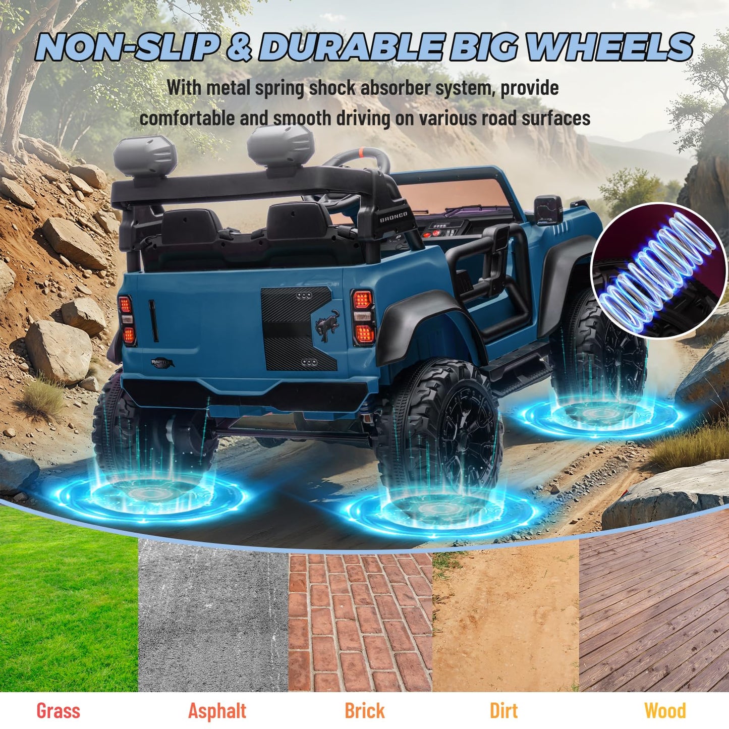 ENYOPRO 2 Seater Ride On Car for Kids, 24V Licensed Ford Bronco Raptor Electric Power Ride On Truck Toy with Remote Control, 4 Wheels Shock Absorption, Soft Start, Bluetooth, Radio, 3 Speed - Blue