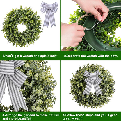 Pansu 19 Inch Boxwood Wreath, 3 Different Bows,Artificial Spring, Summer, Fall, or Winter Wreath ，Weatherproof Indoor/Outdoor Wreaths for Front Door