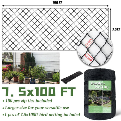 Bird Netting，7.5 x 100 FT Garden Netting Bird Net for Chicken Coop, Poultry Netting Fence for Fruit Trees, Plants and Vegetables Against Birds, Deer, Squirrels and Other Animals