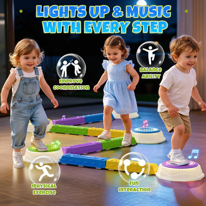 Wee Wonders Light Up Stepping Stones & Balance Beam for Kids, Step Stones with Piano Music, Game Spinner & 30 Cards, Non-Slip Sensory Obstacle Course Toys, Indoor Outdoor Gifts for Toddlers 3-5