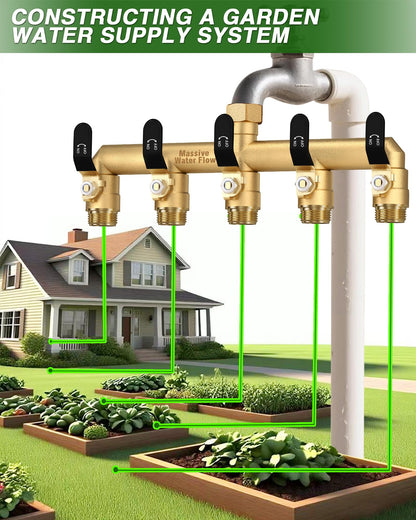 LNEZCDB 5 Way Hose Splitter, Heavy Duty Full Flow Garden Water Hose Bib Spigot Splitter, Brass Rust and Freeze Resistant Outdoor Faucet Splitter, T Adapter Connector with 3/4 - Inch GHT Thread （Black）