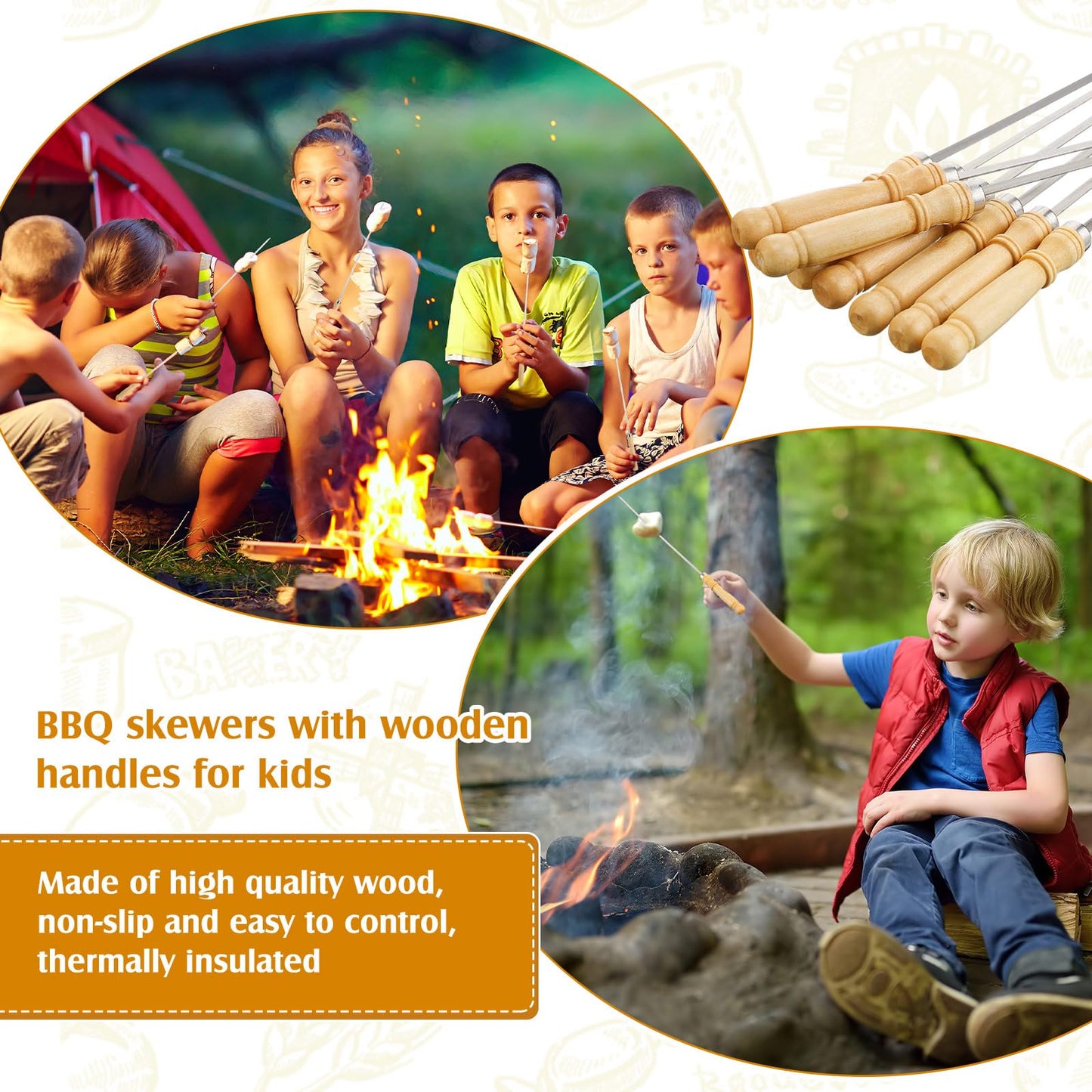 Minatee 16 Inch Kabob Skewer with Wood Handle for BBQ Camping Cookware Campfire Grill Cooking, Stainless Steel, Metal Skewers for Kabobs with Wood Handle (50 Pcs)
