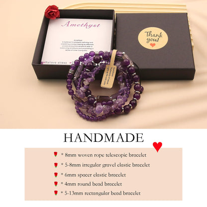OXUNGALIZ 5Pcs Amethyst Bracelet for Women, Handmade Adjustable Purple Bracelet Amethyst Beads Beaded Bracelet Set Jewelry Gifts for Women