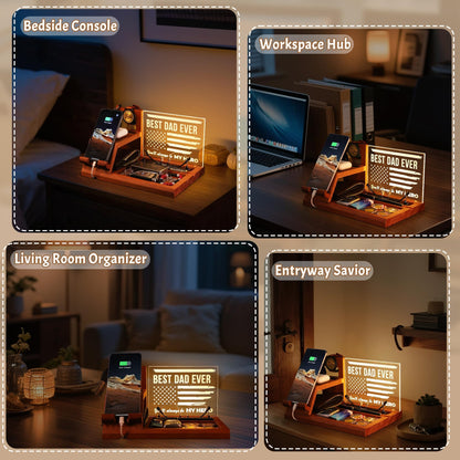 Attivolife Gifts for Dad Men Husband, LED Phone Docking Station Desk Organizer, Cell Phone Stand with Night Light, Best Dad Ever Gift for Father's Day, Key Holder, Stand for Wallet Watch Essentials