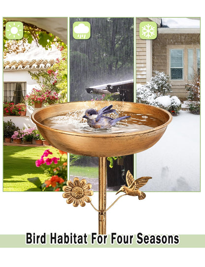 Freestanding Bird Bath with Metal Stake - 11” Antique Bronze Metal Birdbath Bowl & Feeder for Outdoor Garden Yard Decor