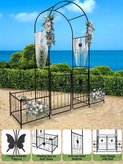 Kalolary Garden Arch with Gate and Plant Box, Heavy Duty Metal Butterfly Garden Arbor for Climbing Plant Raised Bed Rose Vines Climbing Support for Lawn Backyard Patio Outdoor Decor (86.6"x79.8"x20")