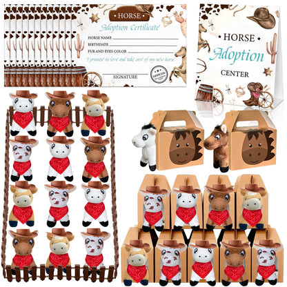 62 Pcs Adopt a Horse Animal Party Favors Include 12 Mini Stuffed Horse 12 Boxes 12 Brown Hat 12 Red Scarf 12 Cards 1 Adopt Sign 1 Fence for Adopt a Grassland Animal Party Favor Pet Birthday Supplies