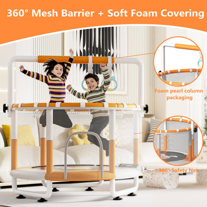 KINETRA 55" Kids Indoor Trampoline with Safety Net, Adjustable Gymnastics Bar & Toys – Indoor/Outdoor Toddler Play Gym for Boys & Girls Ages 3+, Birthday Gifts (White (Powder-Coated))