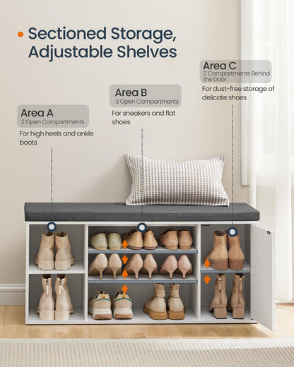 SONGMICS HOME Storage Bench, Superfast Toolless Assembly, 41" Wide Entryway Shoe Cubby Bench with Cushion & Adjustable Shelves, Window Shoe Rack Cabinet, Snow White and Slate Gray ULHS391WE02S