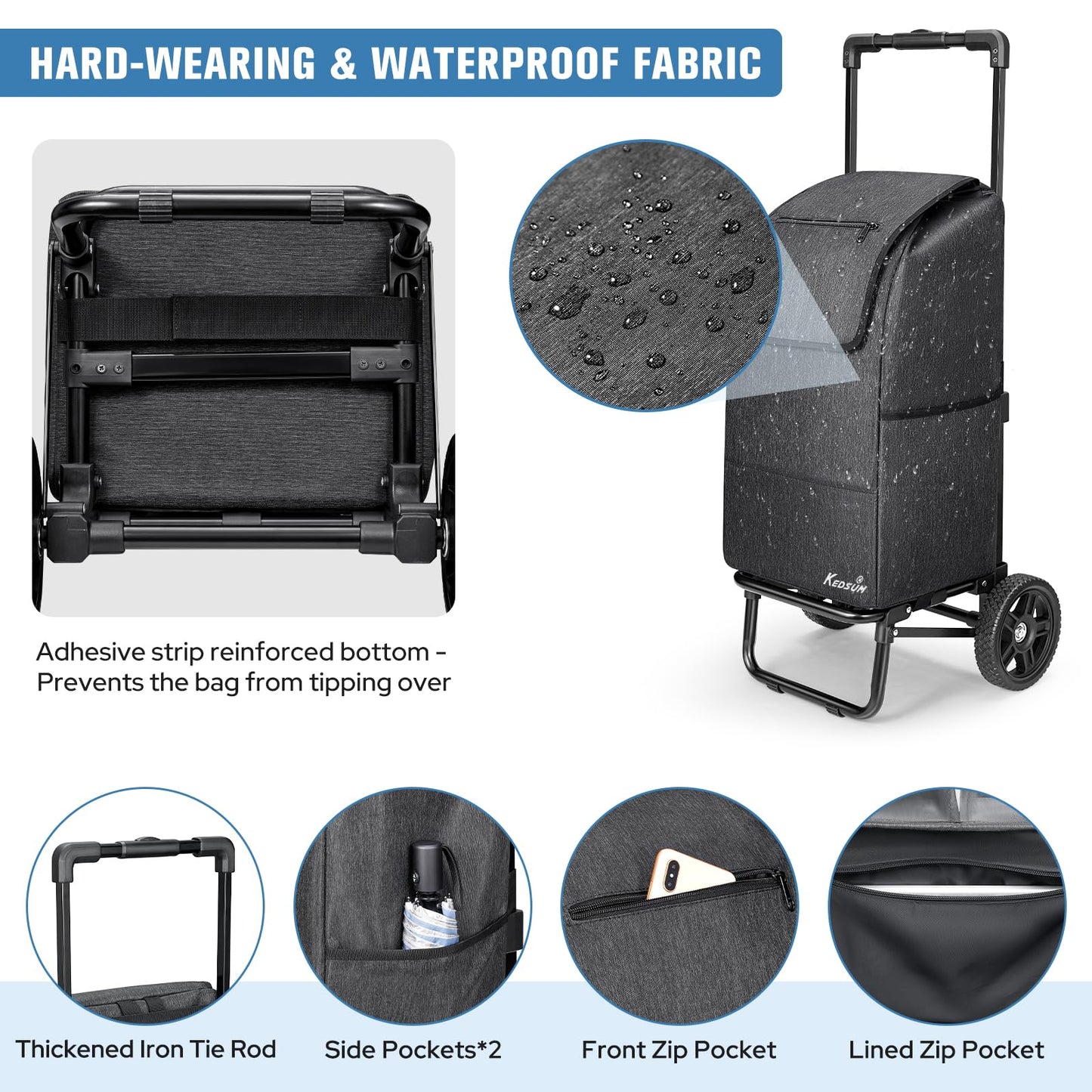 KEDSUM 2 in 1 Shopping Carts for Groceries, 330 lbs Grocery Cart on Wheels, Foldable Utility Carts with Wheels, Hand Truck with Waterproof Tote Bag for Shopping, School, Laundry, Craft Show, Black