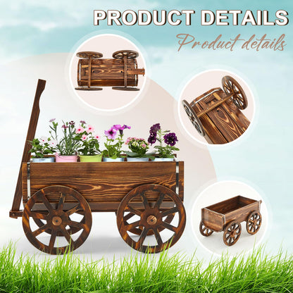 Beeveer Wooden Wagon Flower Planter Cart Garden Planter Box with Wagon Wheels Cart for Home Garden Outdoor Balcony Decorative, Patio Flowers Herbs Vegetables, Brown 23.23 x 11.41(Classic)