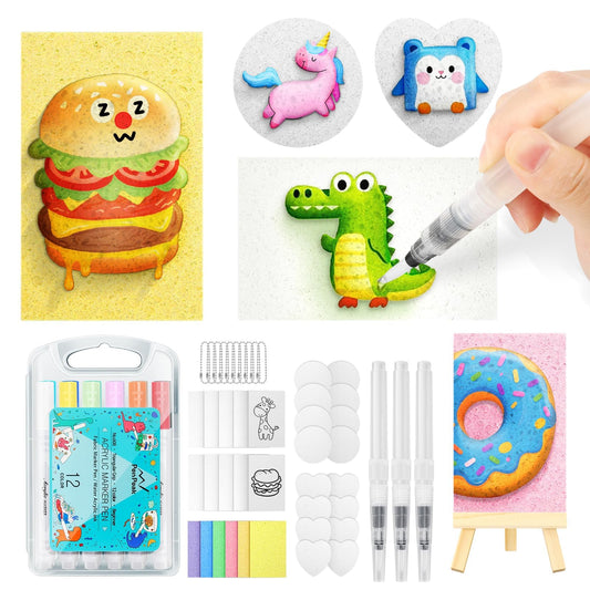 KETIEE Magic Puffy Paint: 58Pcs Magic Foam Texture Painting Kit, 3D Drawing DIY Art Set Include 32Pcs Foam Texture Paper,12 Colors Acrylic Marker Pen,3 Soft-tip Water Brush Pen, Magical Puffy Painting