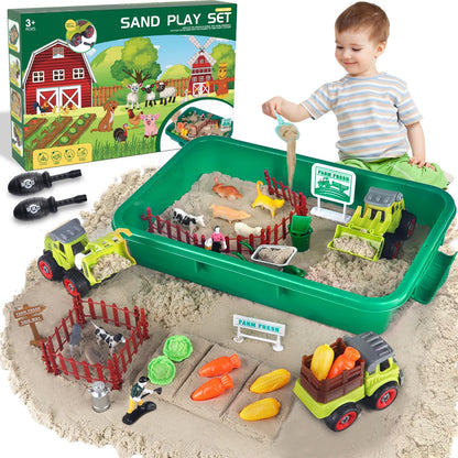Aliex Farm Sensory Bin, Farm Sensory Kits Toy with 2.2lbs Play Sand, 31pcs Animals Trucks Creativity Magic Sand Box with Lid, Christmas Birthday Gift for Boys Kids Toddlers Ages 3 4 5 6 7 8