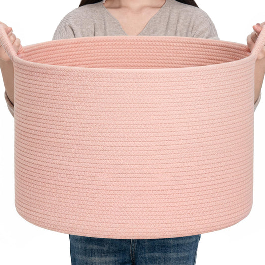 CLHMILY&Z Round Cotton Rope Storage Basket in Living Room, Bedroom, Laundry Room for Toy, Clothes, Blanket, Pillow (Pink, XLarge(14.2"x22"))
