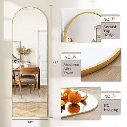 JAWGLOW Arched Full Length Door Mirror 14x48, Metal Frame with Protective Film, No-Drilling Hanging or Wall Mount, Hooks & Hardware Included, Full Body Mirror for Bedroom, Dorm, Gold