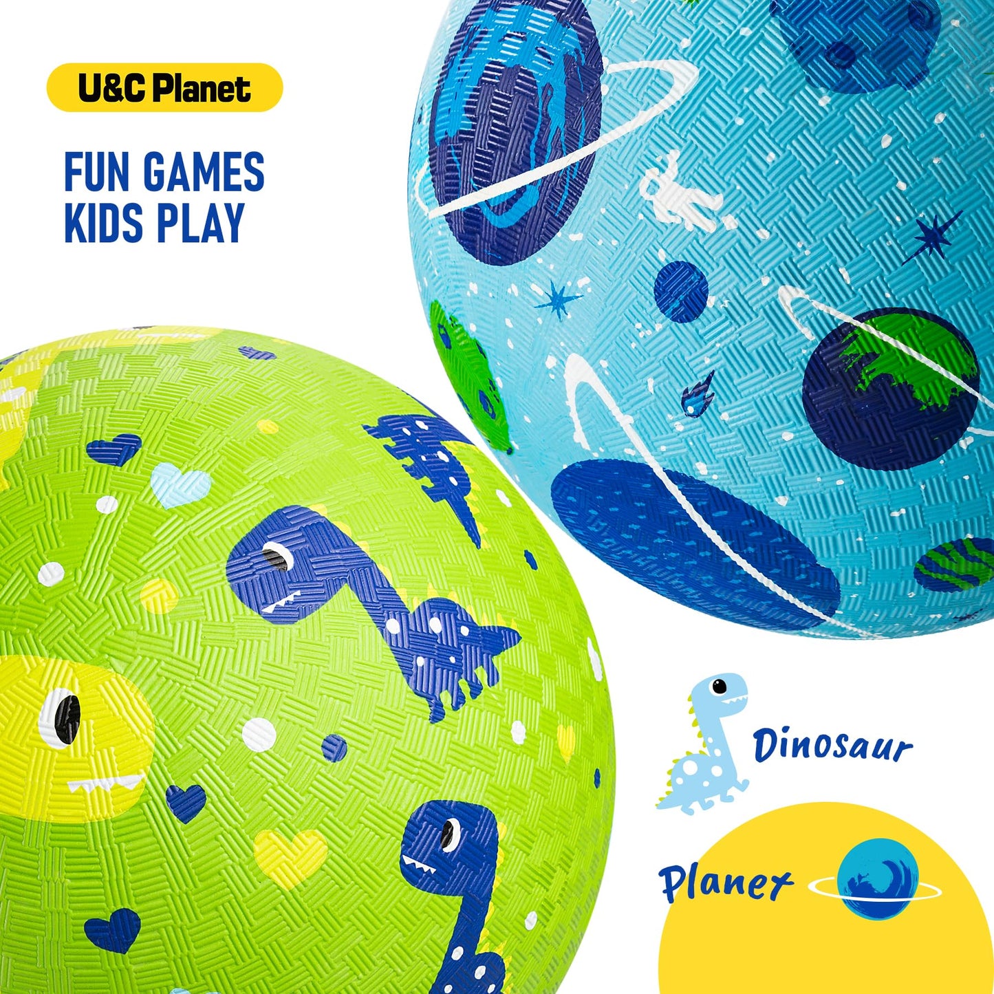 Playground Balls for Toddlers 1-3, 2 Pack 8.5 inch Kickball for Kids Outdoor Indoor, Catoon Dinosaur Planet Rubber Balls with Pump, Child Gift for Boys Girls 1-3 3-5 5-10, Easter Basket Stuffers