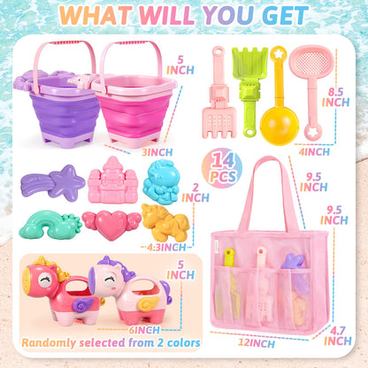 CatchCute Unicorn Collapsible Beach Toys,Sand Toys Set with Animal Foldable Buckets,Shovels,Sifter,Sand Molds,Castle Building Kit & Mesh Storage Bag,Beach Travel Essentials for Kids Toddlers