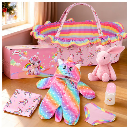 ARTST Reborn Baby Doll Accessories with Bassinet, Rainbow Unicorn Doll Clothes Outfit Set for 17-22 inch Newborn Babies,Birthday Gift for 3-12 Girls Boys(NO Doll)