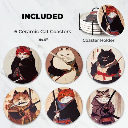 Gifts for Cat Lovers - Ninja Cat Coasters - Anime Cat Decor - Set of 6 Drink Coasters with Holder