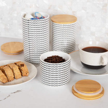 Mind Reader 3-Piece Canister Set, Sugar Container, Coffee Storage, Lids, Kitchen, Ceramic, 4"L x 4"W x 7"H, Black and White
