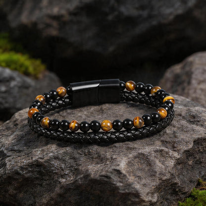 Enjoy Risingsun Tiger Eye Black Leather Bracelet Men Natural Tiger Eye Obsidian Gemstone Crystal Stone Jewelry Handmade Courage And Stress Relief Protection Bracelet