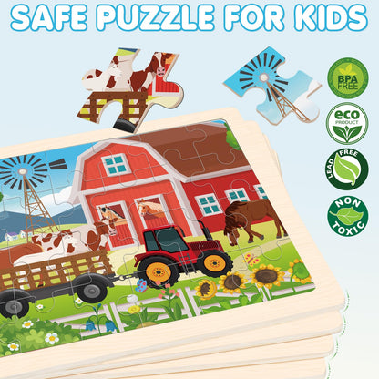 4-in-1 Farm Wooden Puzzles for Kids Ages 4-6, 24 PCS Wooden Jigsaw Puzzles for Toddlers Ages 3-5, Preschool Educational Puzzles Boards Toys Gifts for 3 4 5 6 Boys Girls