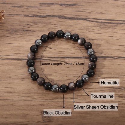 AULSIEY Hematite Black Tourmaline Obsidian Bracelet for Men, Triple Empath Protection Bracelet Gifts for Women, Protection Healing Crystal Bracelets, Evil Eye Jewelry Bracelets Mental Health-8mm