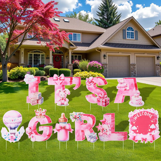 EASY JOY 10PCS Its A Girl Yard Sign with Stakes Pink It's A Girl Baby Shower Yard Sign for Gender Reveal Outdoor Garden Lawn Party