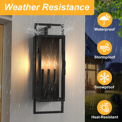 Lawyettle 26.38IN Porch Light Outdoor, Dusk to Dawn Wall Lantern with Tempered Glass, Waterproof Outside Light Front Porch Light 3-Light, Matte Black Front Open Window Wall Sconce for Patio
