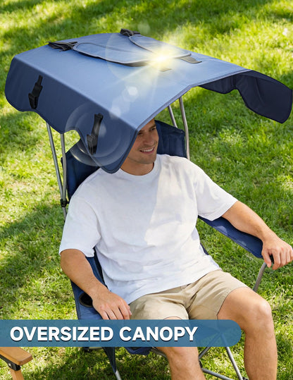 East Oak Camping Chair with Canopy | 25" High Back Folding Beach Chair with Canopy Shade, Supportive Headrest, Cup Holder, Side Pocket, 330 lbs Heavy Duty Canopy Chair for Outdoors