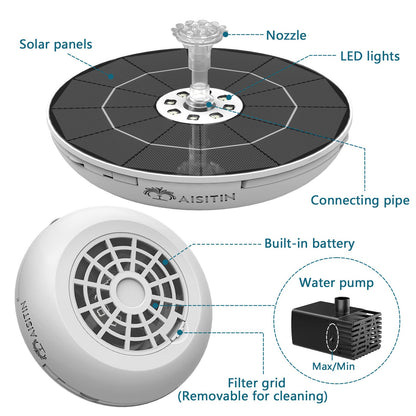 AISITIN 6.5W Solar Fountain for Bird Bath with 3000mAh Battery & Color Changing LED Light, 3 Anti-Drift Fixed Bracket & 8 Nozzles, Solar Water Fountain for Bird Bath, Garden, Pond, Patio, Courtyard