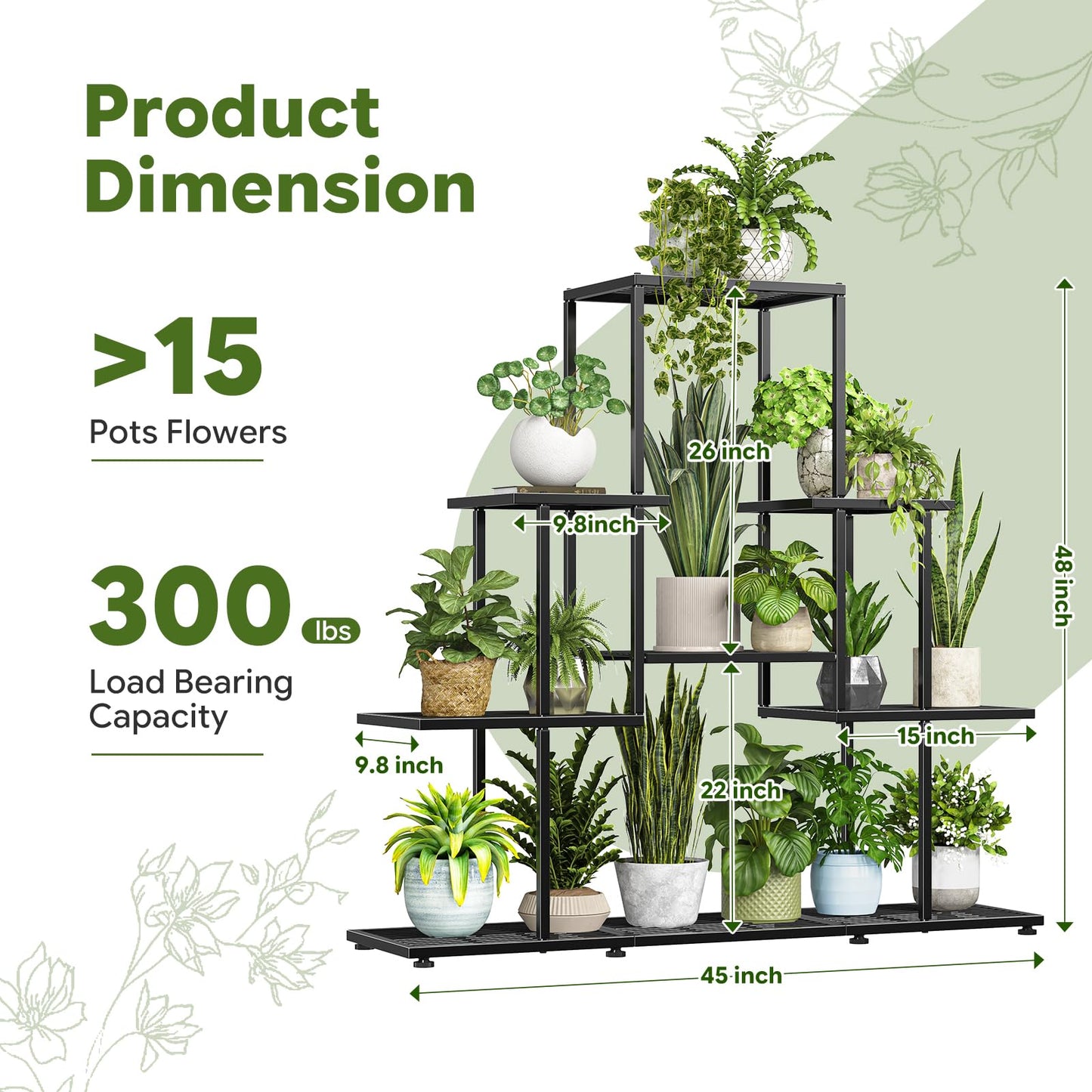 Ekisemio 5 Tier Metal Plant Stand - Heavy Duty Tall Flower Pot Holder Rack for Indoor Outdoor, Corner Display Shelf for Patio Balcony Living Room, Black