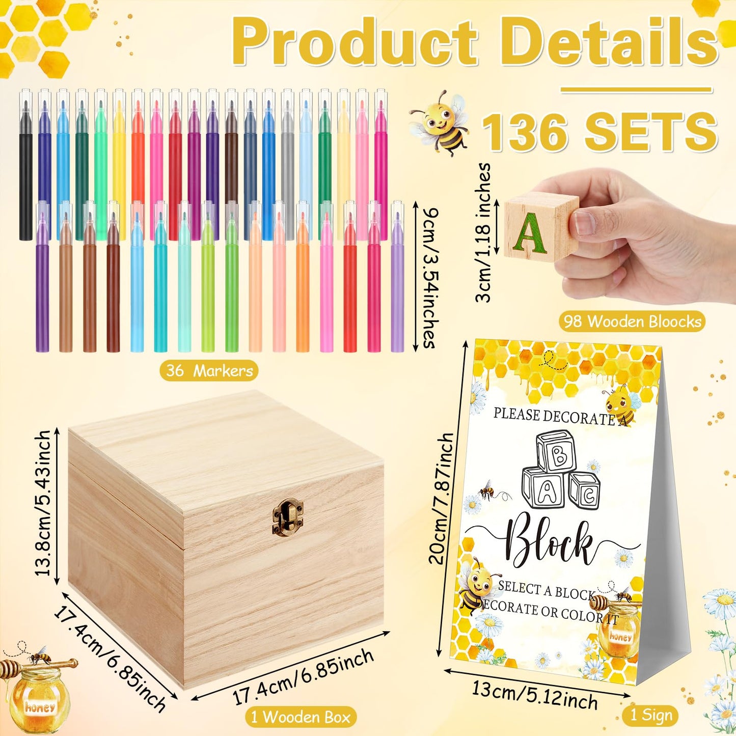 Marsui 136 Pcs Baby Shower Blocks to Decorate Game Kit Includes 98 Wooden Blocks, 36 Markers, 1 Game Sign, 1 Storage Box for Baby Shower Gender Reveal Activity Party Decorations(Bee)