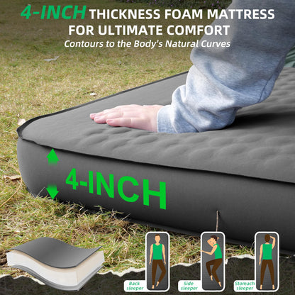 TPYOCQU Self Inflating Sleeping Pad with Electric Pump, 4" Ultra-Thick Memory Foam Camping Sleeping Mat with Pillow, 9.5 R-Value Insulated Camping Pad Mattress for Travel Car Tent (Grey-4Inches)