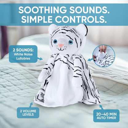 Love By Emi 4 in 1 Baby Lullaby Sleep Soother Toy - Stuffed Animal Sound Machine & Pacifier Holder | Heartbeat White Noise & Music | Plush White Tiger Lovey Sleep Aid Security Blanket (0-3 Years)