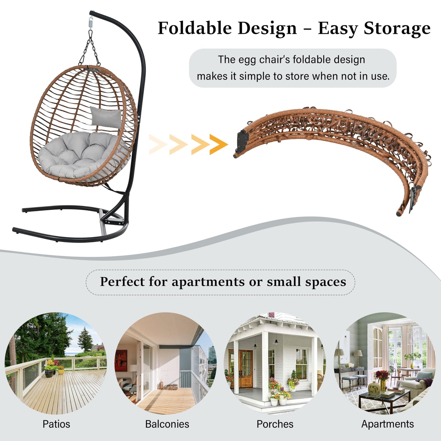 GDFStudio Hammock Chair with Stand, Rattan Wicker Hanging Egg Chair with Cushion & Headrest, Iron Frame Folding Patio Hammock Swing Chair for Indoor Outdoor Balcony Porch Garden, 330 lbs, Brown+Gray
