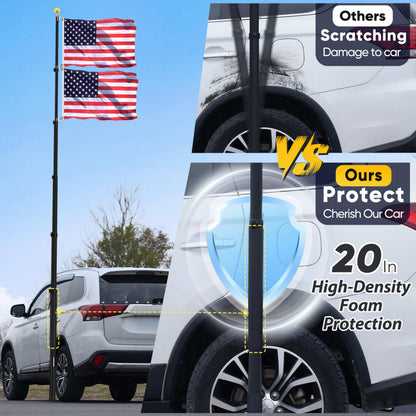 20FT Tailgate Flag Pole with Tire Mount, Fits RV Pickup SUV Sedan, Portable RV Flag Pole with 20" High-Density Foam Protective Tube, Thickened Aluminum Flag Pole with an Flag, 60 MPH, Dual Flag Mount
