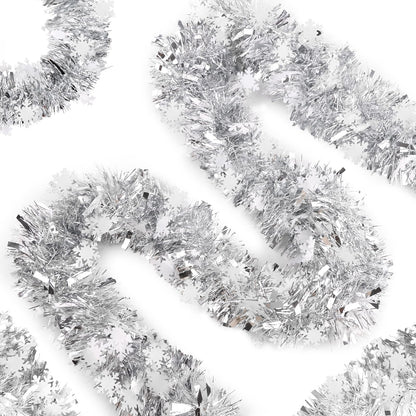 FOIMAS 33 Feet Christmas Tinsel Garland, Metallic Silver Christmas Snowflake Hanging Garland for Xmas Tree Fireplace Home Decoration (Silver)